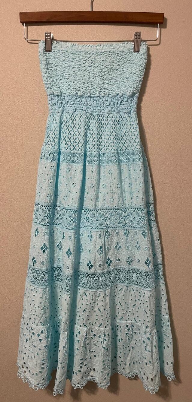 Temptation Positano Savio Dress Womens XS Midi Blue Eyelet Lace Lined Boho Fairy
